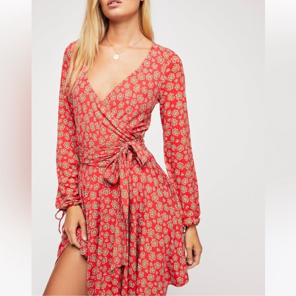 Free People Pradera Wrap red floral mini dress